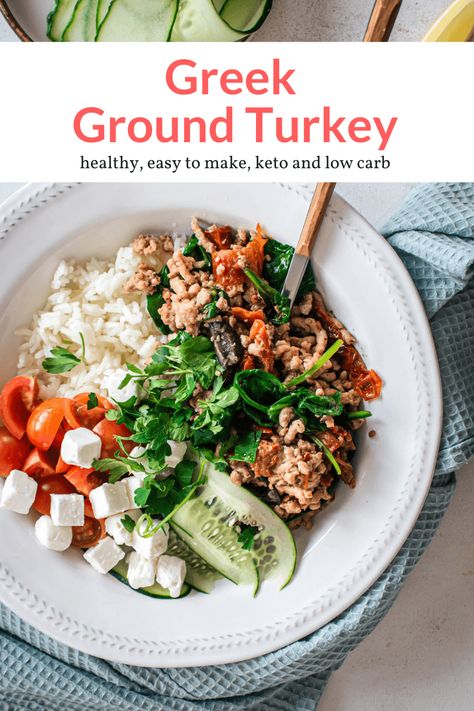 This Greek Ground Turkey is easy to make, ready in fifteen minutes, and the perfect recipe for ground turkey with feta cheese, tomatoes, olives, and tons of Greek flavor. #healthyrecipes #slenderkitchen #dinner #lunch #freezerfriendly #makeahead #quickandeasy Ground Turkey Greek Bowl, Ground Turkey Greek Recipes, Greek Ground Turkey Recipes, Greek Ground Chicken Recipes, Healthy Dinner Recipes Ground Turkey, Mediterranean Ground Turkey Recipes, Greek Ground Turkey, Ground Turkey Feta, Macro Lunch