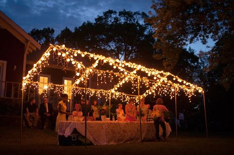 string lights on a tarp frame Tent Frame With Lights, Party Tent Ideas, Backyard Party Tent, Yard Picnic, Wedding Buffets, Wedding Buffet Table, Summit House, Tent Ideas, Backyard Tent