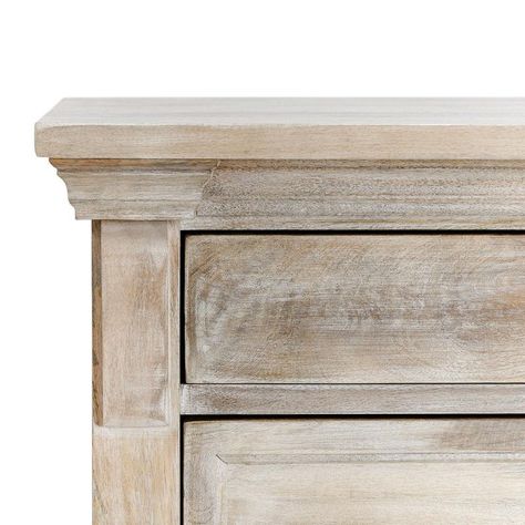 Classic carved mango wood three-drawer nightstand or small dresser with fresh white wash finish. Natural tones show through for beautiful combination of coloring. Antiqued brass finish knobs. Each may vary in finish/wood tones, grain, and natural imperfections. Weight is approx. 100 lbs. White Washed Wood Furniture, White Wash Cabinets, Bleached Wood Furniture, White Wash Bed, White Wash Wood Furniture, Whitewashed Furniture, Coastal Dresser, Marble Nightstand, White Washed Furniture