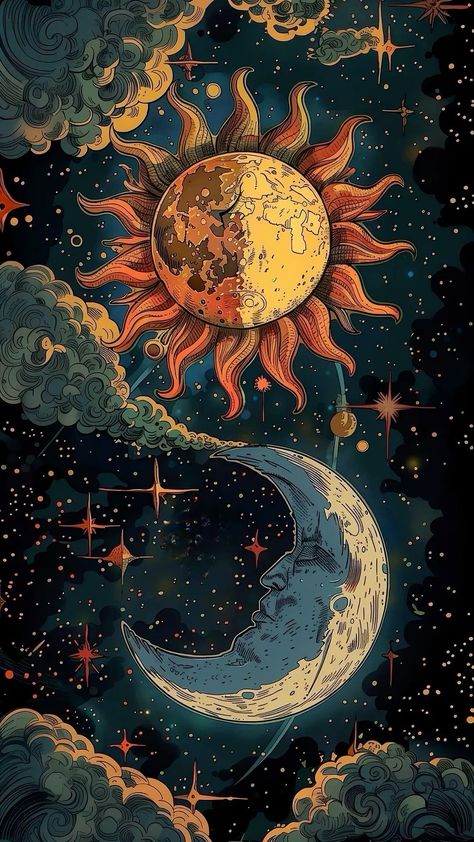 #wallpaper#moon#sun Iphone Wallpaper Sun And Moon, Sun And Moon Art Wallpaper, Moon Sun Background, Sun Moon Wallpaper Aesthetic, Moon And Sun Wallpaper Iphone, Sun And Moon Artwork, Sol And Luna Wallpaper, Sun And The Moon Painting, Moon And Sun Wallpaper Aesthetic