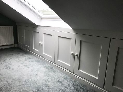 Eaves Storage Drawers, Loft Room Cupboards, Under Eaves Storage Sliding Doors, Storage Under Eaves, Loft Conversion Dressing Room, Loft Conversion Wardrobes, Minimal Bathroom Design, Small Attic Room, Loft Conversion Bedroom