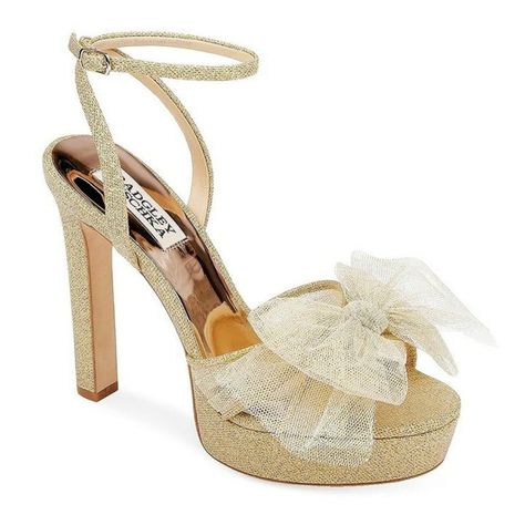 Badgley Mischka Sophie Platform Sandal Tulle Flower Platinum Size 7 Msrp $235.00 Charm Everyone's Heart In Our Sophie Sandal. A Edgy Flower Bow Made Of Light Tulle Fabric Adorns The Tip Of These Platforms In A Saturday Night Fever Vibe. You’ll Look As Sassy As They Come And Steal The Eyes Of Many As You Walk By. Style: Platform Sandal Heel Type: Chunky Block Heel Heel Height: 3.74” With Platform Micro Mesh Glitter Man Made Sole Imported Authenticity Guaranteed All Products Are Purchased From Authorized Wholesalers Or Distributors. Wedding Sandals Heels, Gold Ankle Strap Heels, Silver Block Heels, Ivory Sandals, Gold Strappy Sandals, White Strappy Heels, Fancy Sandals, Black Ankle Strap Heels, Toe Thong Sandals