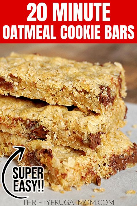 These Chocolate Chip Oatmeal Cookie Bars are my favorite thing to make when I need a quick and easy dessert or snack. Made using simple pantry staples and baked in a 9x12 pan, they're chewy, delicious and always a crowd pleaser. #thriftyfrugalmom #oatmealbars #chocolatechipbars Oatmeal Chocolate Cookies, Oatmeal Cookie Bars Recipes, Easy Cookie Bars, Pretty Recipes, Oatmeal Chocolate Chip Cookie Bars, Oatmeal Chocolate Chip Bars, Oatmeal Cookie Bars, Cookie Bars Easy, Chocolate Chip Bars