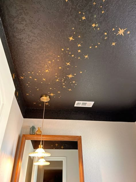 Painting Ideas For Ceilings, Painted Ceiling Library, Star Ceiling Nursery, Painted Stars On Wall, Constellations On Ceiling, Blue Ceiling With Stars, Star Mural Ceiling, Stars Painted On Wall, Black Star Ceiling