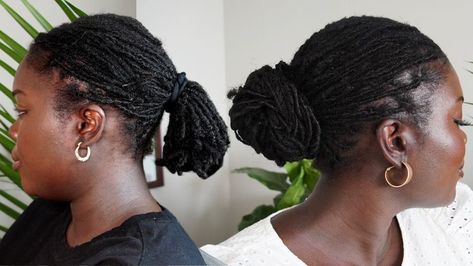 I love wearing my locs in a bun but my hair isn’t at the point where I can comfortably put it in a bun. I made loc extensions using cuban twist hair to achieve this easy faux bun. This look gave me instant length and will work well for formal events where you might want to put your hair up. This tutorial will also work well with starter locs and is easy enough for those who are new to their loc journey. #stylinglocs #starterlocstyles #fauxlocbun Locs In A Bun, Styling Locs, Faux Bun, Cuban Twist, Cuban Twist Hair, Low Buns, Short Locs, Micro Locs, Loc Extensions