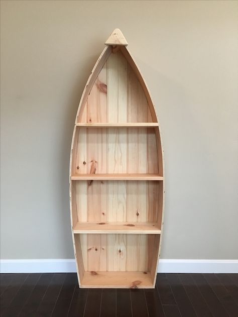 Boat Shelves, Boat Shelf Diy, Canoe Bookshelf, Reclaimed Boat Furniture, Boat Bookshelf, Boat Shelf Decor, Boat Shape Book Shelf, Boat Shaped Shelves, Row Boat Shelf