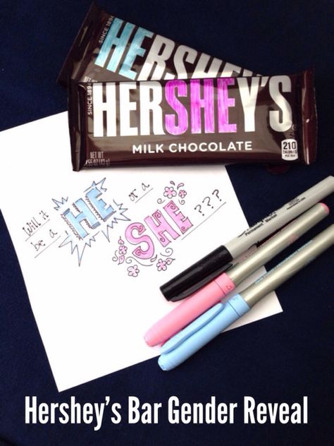 Gender reveal candy bars from Kelly Gene Gender Reveal Candy, Gender Reveal Games, Hershey Bar, Candy Bars, Reveal Party, Baby Gender, Baby Mama, Paper Tape, Permanent Marker