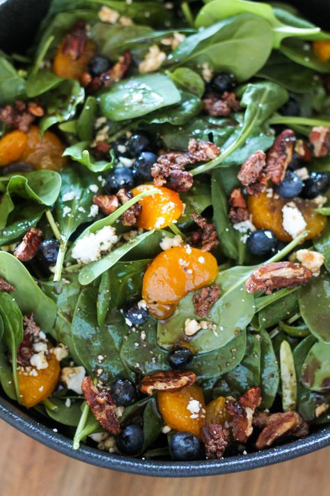 Blueberry Mandarin Spinach Salad Cinnamon Dressing, Mandarin Salad, Olive Oil Salad, Blue Salad, Sorority House, Macro Friendly Recipes, Tossed Salad, Spinach Recipes, Healthy Sides