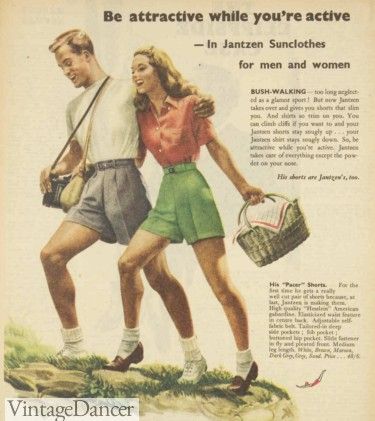 1950s Camping Clothes, 1940s Athletic Wear, Vintage Camping Outfit, 1940s Summer Outfits, 1950s Summer Outfits, Vintage Summer Shoes, Vintage Hiking Aesthetic, 1930s Summer Fashion, 50s Casual Outfits