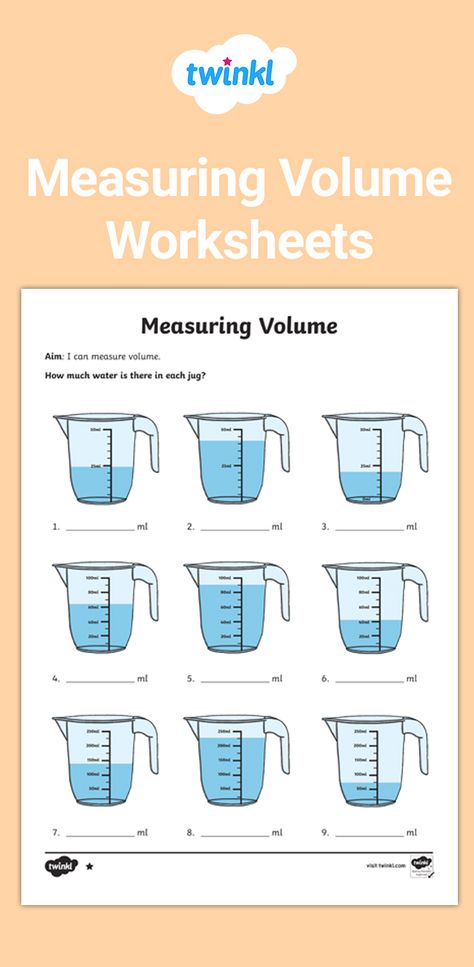 Measure different volumes with these differentiated worksheets; helping your children develop their understanding of measuring capacity up to 1 litre. Sign up to Twinkl to download this resource.   #maths #mathematics #volumes #measuring #measurements #measuringskills #units #teaching #teacher #teachingresources #twinkl #twinklresources #education Measuring Capacity Worksheet, Measuring Volume Activities, Teaching Volume, Capacity Worksheets, Water Displacement, Volume Worksheets, Logic Thinking, Measuring Volume, Work Planning