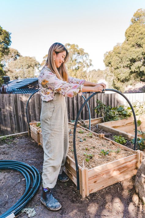 How to build an easy DIY Netting Structure for Your Raised Veggie Bed! — CONNIE AND LUNA Raised Garden Bed With Screen, Covering Raised Garden Beds, Diy Greenhouse For Raised Beds, Garden Bed Protection Diy, Raised Bed Greenhouse Cover, Diy Garden Cover Raised Beds, Greenhouse Beds Raised Gardens, Raised Bed Hoop Cover, Raised Garden Bed Shade Ideas