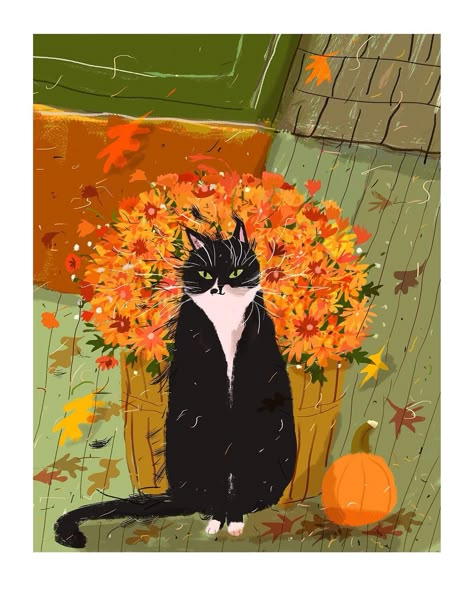 Fall Baby Cat Print Celebrate the season with this Fall Baby~! Print size: 8.5 x 11 in. with white border for framing. Image size: 8 x 10 in. Printed on fine art paper. Limited edition. Fall Cat, Autumn Cat, Fall Cats, Dancing Cat, Unique Drawings, Cat Products, Baby Cat, Funny Illustration, Tuxedo Cat