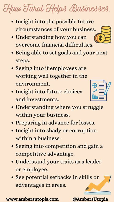 How can tarot help your business? Whether you are a CEO and a leader, or an employee, tarot can be amazing for helping out your business. 

Here is a list of small insights which tarot can help your business with, whether big and small. For more information, feel free to check out my blog and website. Start A Tarot Business, Tarot Information, Funny Pokemon Fusion, Tarot Reading Business, Witch Info, Tarot 101, Digital Grimoire, Tarot Business, Funny Pokemon