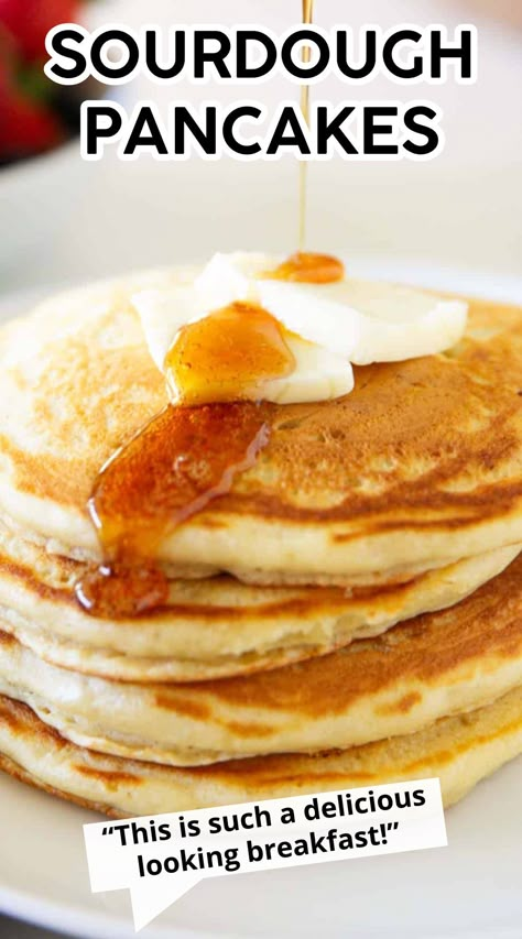 Fluffy and tender sourdough pancakes are easy to make using sourdough starter or discard. They’re extra flavorful with a golden brown finish and crisp buttery edges! Cinnamon Roll Sourdough, Sourdough Starter Pancakes, Sourdough Discard Pancakes, Discard Pancakes, Sourdough Pancakes Recipe, Chocolate Chip Pancakes Recipe, Sourdough Breakfast, Simple Sourdough, Using Sourdough Starter