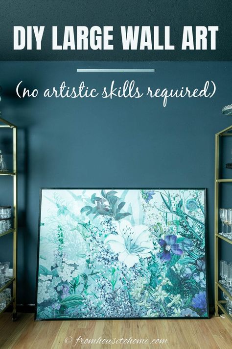 Looking for an easy DIY art project to make at home? Learn how to make this large wall art that will go perfect in a blue home office. Easy and affordable DIY large wall art project. Large Paintings For Living Room Modern, Abstract Large Art, Fill A Large Wall Space, Diy Large Framed Art, Poster Board Wall Art Diy, Large Blue Wall Art, Diy Wall Art For Living Room, Diy Office Art, Diy Large Canvas Art Ideas