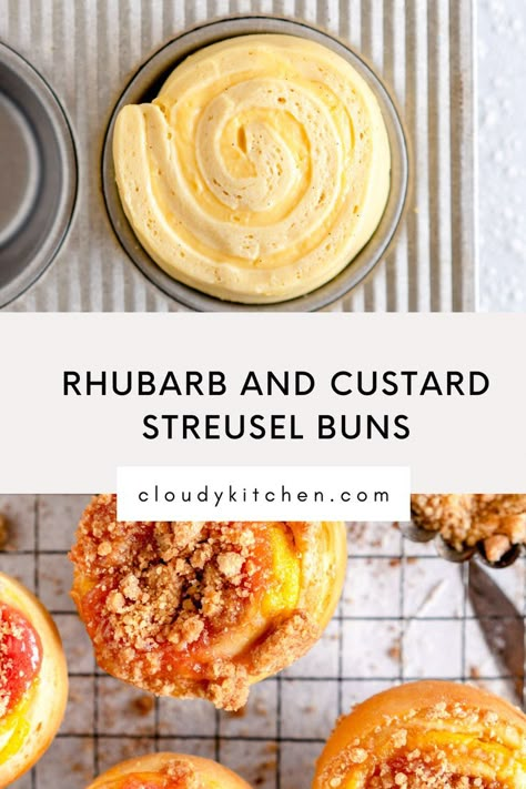 These Small Batch Rhubarb Custard Buns are a great project. The Small Batch Brioche is a no mixer recipe and is mixed by hand. The rhubarb custard buns are filled with an easy custard recipe which makes a perfect creamy filling. These small batch buns have a rhubarb compote and a small batch streusel topping. This recipe is super versatile and is adaptable to make with any fruit puree or compote. Bread With Custard Filling, Custard Brioche Buns, Rhubarb Buns, Custard Buns Recipe, Easy Custard Recipe, Pretty Bread, Custard Recipe Easy, Custard Buns, Easy Custard