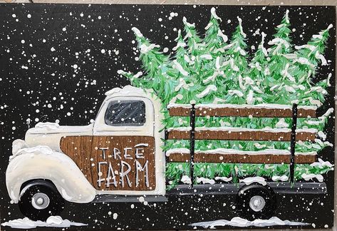 Would you leave this up after Christmas? Truck Painting, Car Night, Christmas Tree Red, Christmas Canvas Art, Christmas Paintings On Canvas, Charming Christmas, Christmas Car, Paintings On Canvas, Christmas Canvas