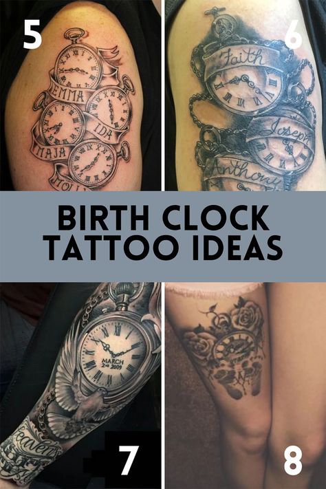 25 Classic Birth Clock Tattoos + Design Inspiration - TattooGlee Birth Clock Tattoo Design, Birth Time Clock Ideas Tattoo, Unique Clock Tattoos, 2 Clock Tattoo Design, Clock Tattoos For Women Half Sleeves, Clock Tattoo Design Births, Clock Tattoo Ideas For Women, Tattoos For Moms With Kids Sleeve, Time Of Birth Tattoo