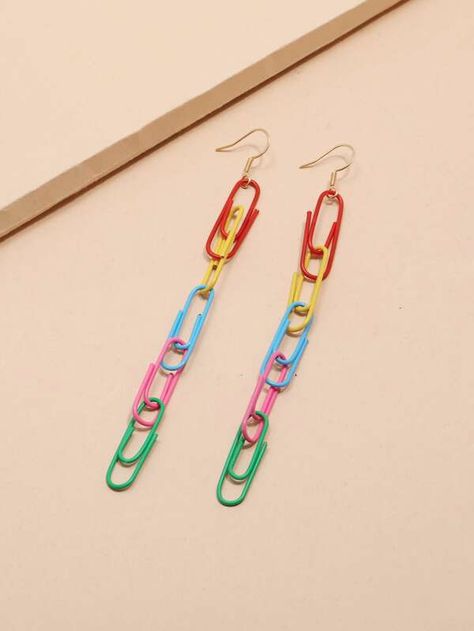 Paper Clip Drop Earrings | SHEIN USA Paper Clips Jewelry, Paper Clip Earrings Diy, Diy Paperclip Earrings, Cute Paper Clip Earrings, Trendy Multicolor Drop Clip-on Earrings, Handmade Multicolor Clip-on Earrings, Earrings Shein, 90s Stuff, Paper Earrings