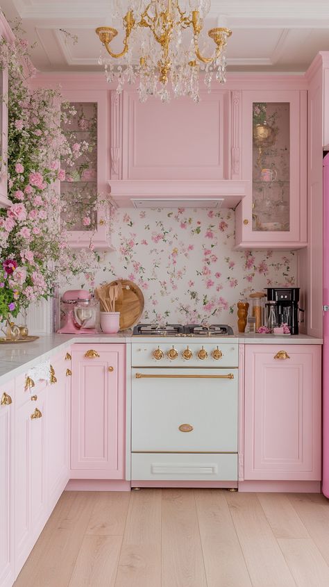 Pink Tiny House Interior, Feminine Kitchen Ideas, Pink House Aesthetic Interior, Pink Cottagecore Wallpaper, Pink Aesthetic House, Pink And Yellow Kitchen, Pale Pink Kitchen, Kitchen Ideas Pink, Pink House Aesthetic