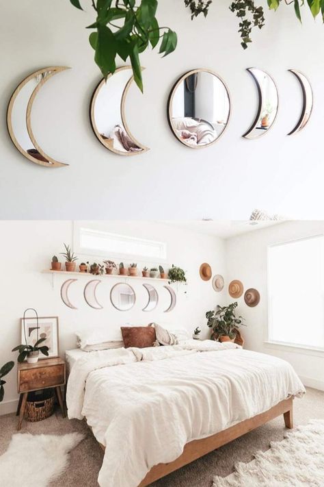 5 Pieces Scandinavian Natural Decor Acrylic Wall Decorative Mirror Interior Design Wooden Moon Phase Mirror Bohemian Wall Decoration for Home Living Room Bedroom Decor - Acrylic, Not Real Mirror(Beige) Moon Mirrors Above Bed, Moon Phases Mirror, Above Bed Mirror, Moon Mirror Wall Decor, Wooden Moon, Mirror Interior Design, Decor Above Bed, Natural Decor, Bohemian Wall Decor