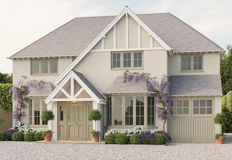 Claire Totman Designs on Instagram: "First post of 2023! It’s been a busy week back in the office. Here is another fab proposal to turn a tired and very dated properly into a beautiful family home with side and rear extensions and a facelift. I love the cottage feel the sage green windows give yet the proposal is still elegant and classic. Swipe across for the existing ⬅️ • Project - Hythe House Design - @claire.totman.designs • #propertydevelopment #refurb #surrey #clairetotmandesigns #caseme Sage Green Windows, 1930s House Extension, Porch Extension, Exterior House Renovation, Nordic House, Green Windows, Sims 4 House Building, Cottage Inspiration, Cottage Exterior