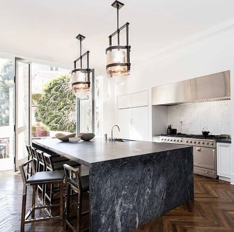 Large black marble island. Black Marble Island, Black Hardware Kitchen, Cabinet Hardware Brass, Kitchen Black Counter, Kitchen Sink Farmhouse, Black Marble Floor, Marble Floor Kitchen, Marble Kitchen Island, Pendant Lights Kitchen