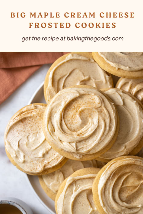 I adapted my popular Big Pink Cookies recipe to feature the flair of fall with these Big Maple Cream Cheese Frosted Cookies! The big and soft, cakey cookies are scented with warm maple and cinnamon spice and topped in a creamy swirl of maple cream cheese frosting. Frosted Spice Cookies, Soft Maple Sugar Cookies, Cream Cheese Baked Goods, Maple Cinnamon Cookies, Maple Cookie Recipes, Maple Cream Cookies, Maple Cookies With Maple Frosting, Big Pink Cookie Recipe, Oatmeal Cookies Chocolate Chip