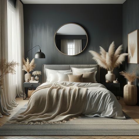 Comfortable, modern bedroom with dark rustic vibes. Large bed with upholstered headboard, white and beige pillows, textured throw blanket. Round mirror on dark wall, nightstand with decor, modern black lamp. Sheer curtains, plants in vases, woven rug in grey-blue tones. Grey Headboard Bedroom Aesthetic, Plants In Vases, Wall Nightstand, Grey Headboard Bedroom Ideas Decor, Mirror Over Bed, Grey Headboard Bedroom Ideas, Black And White Bedroom Decor, Black White And Grey Bedroom, White Gray Bedroom