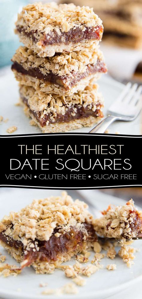 Free of gluten and added sugar, these Vegan Date Squares are just as good, if not better, than the real thing! Super moist and deliciously tasty, they're the perfect replica of your typical soft, sweet and crunchy date square. Vegan Date Squares, Gluten Free Goodies, Gluten Free Squares, Gluten Free Date Squares, Healthy Date Squares, Healthy Squares, Vegan Squares, Date Square, Vegan Bars