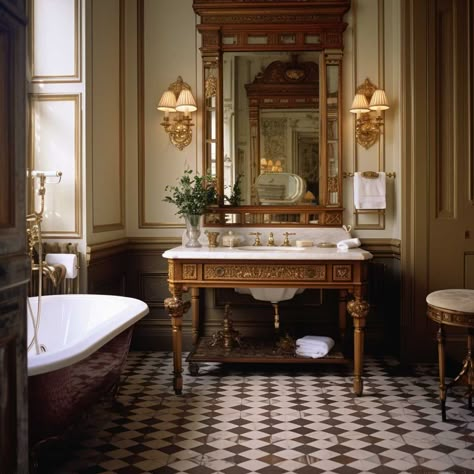 Simple Victorian Decor, Victorian Appartement, Vintage Bathroom Aesthetic Victorian, Regency Style Bathroom, Old English Bathroom Ideas, Victorian Style Decor Modern, Elegant Victorian House, Luxury Traditional Bathroom, Victorian Aesthetic Bathroom