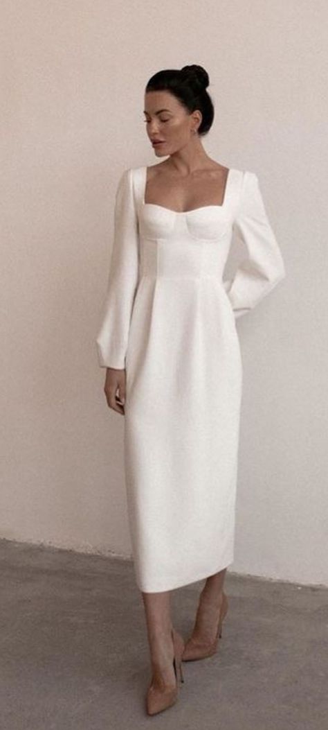 Informal Wedding Dress Casual Classy, Rehersal Dinner Outfit Winter, Engagement Party Outfit Winter, Winter Engagement Dress, Winter Rehearsal Dinner Outfit, Low Key Wedding Dress, Rehersal Dinner Dresses, Simple Wedding Dress Casual, Boho Wedding Dress Backless