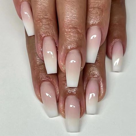 FOAMEE Press on Nails Mdiuem Length Ombre Nude Coffin Fake Nails with Designs Daily Wear Nails Acrylic Glossy False Nails for Women Milky Ombre French Nails, Ballet Nails, Long Press On Nails, Nagel Tips, Coffin Press On Nails, Flower Nail Designs, Fake Nails With Glue, Nails Medium, Nail Bed