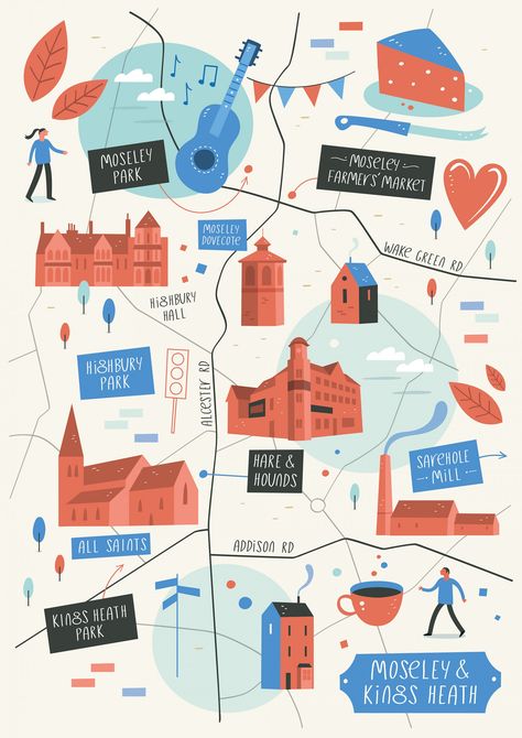 Illustrated map of Moseley and Kings Heath Map Graphic Design Illustration, Graphic Map Illustration, Map Illustration Design Graphics, Illustrated Map Design, Illustrative Map, Woodstock Art, Maps Illustration Design, Maps Illustration, Town Map Illustration