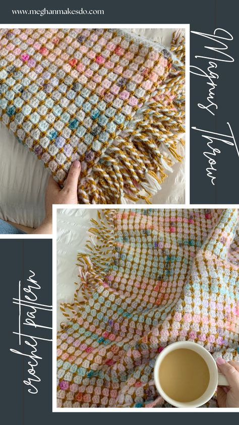 The Magnus Throw-Free Crochet Pattern — Meghan Makes Do Magnus Throw Crochet, Anthropologie Crochet Blanket, Unique Crochet Afghans, Multicolor Crochet Blanket Patterns Free, Crochet On Knitting, Patterned Crochet Blanket, Random Yarn Crochet Blanket, Crocheted Quilt Patterns, Quick Crochet Throw Blanket Pattern Free