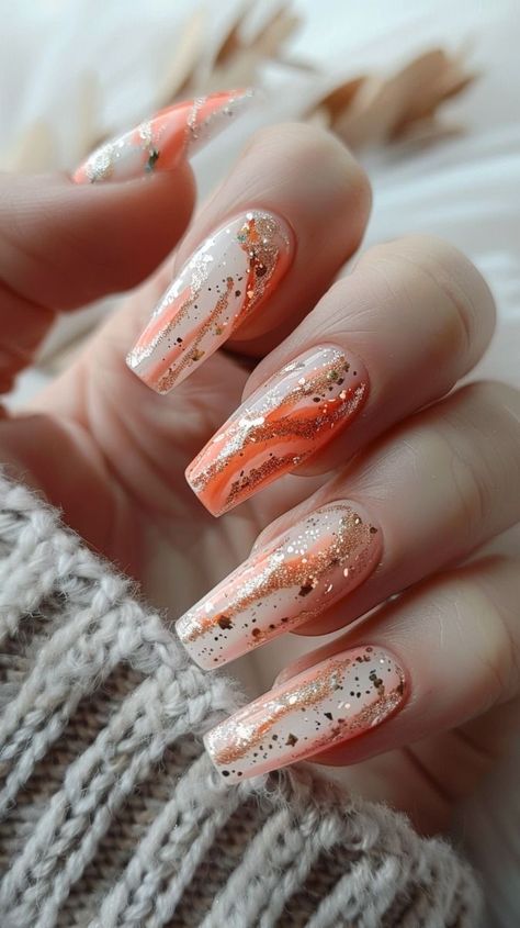 Peach And Gold Nail Designs, Peach And Purple Nails, Summer Peach Nails, Winter Nail Art Designs, Grey Acrylic Nails, Dot Nail Designs, Peach Nails, Polka Dot Nails, Bride Nails