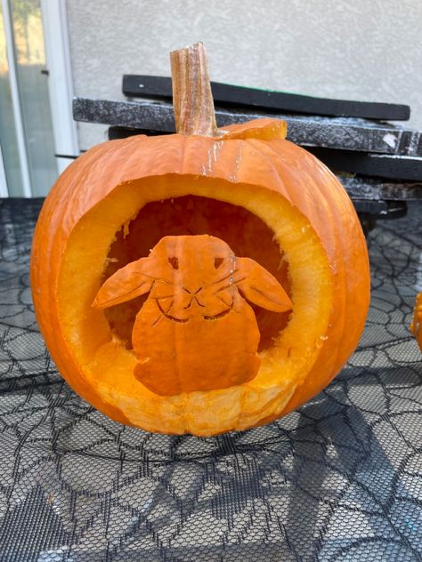 Bunny Carved Pumpkin, Pumpkin Bunny, Bunny Pumpkin Carving, Bunny Pumpkin, Easy Pumpkin Carving, Halloween Pumpkin Designs, Ghost Pumpkin, Animal Brooch, Fall Inspo