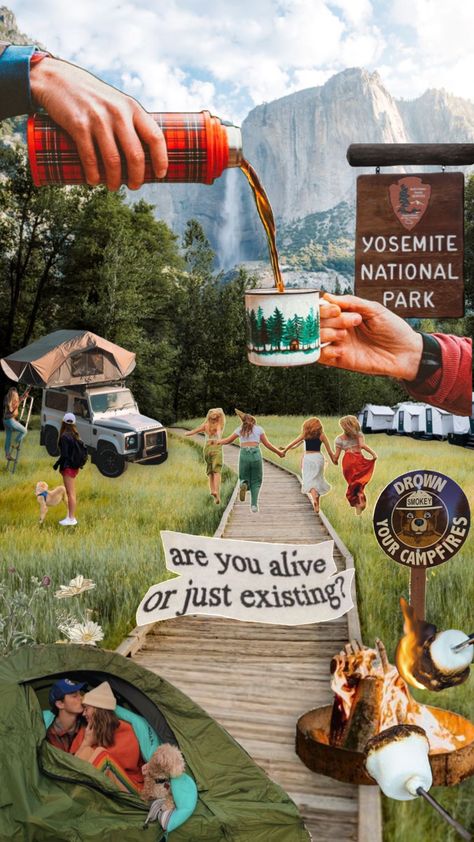 Summer Camp Collage, Outdoor Mood Board, Outdoor Collage, Camping Collage, Travel Quotes Instagram, Camping Yosemite, Short Travel Quotes, Granola Girl Aesthetic, Camping Quotes