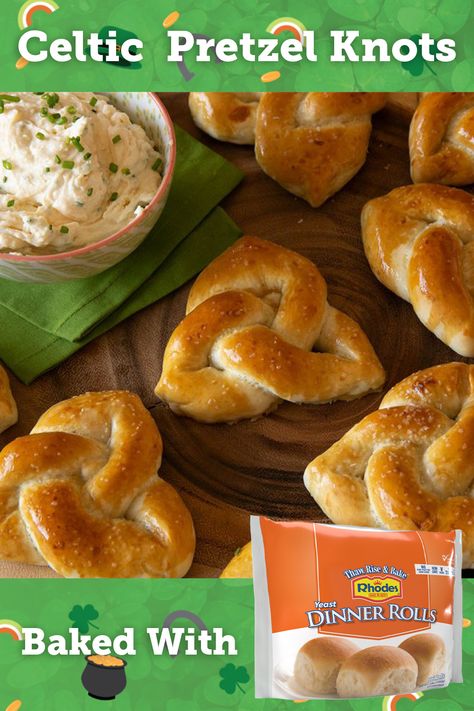 Rhodes frozen dough is available in the freezer section of your local grocery stores' freezer section. Celtic Knot Pretzel, Irish Rolls St. Patrick's Day, St Patricks Day Breads, Rhodes Rolls Pretzels, Shamrock Shaped Food, Irish Pretzels, Irish Food Appetizers, St Patrick's Day Appetizers Parties, Irish Snacks Appetizers