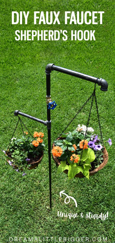 A shepherd's hook made from pipe pieces with a turning faucet head holds a basket on each arm filled with greenery and orange, purple, and white flowers. Garden Hooks Ideas, Shepherd Hooks Garden Ideas, Diy Shepards Hook, Shepard Hooks Ideas, Shepherds Hooks Garden, Shepherd Hook Ideas, Ideas To Hang On Shepards Hook, Shepherds Hook In Planter, Sheppard Hooks Garden Hanging Flowers