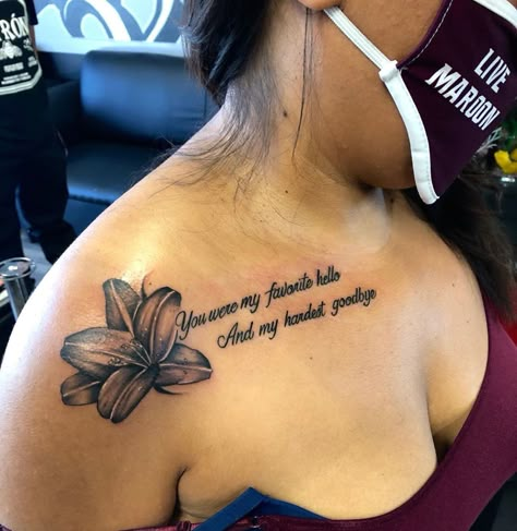 Shoulder Cap Tattoo Black Women, Memorial Collarbone Tattoos, Collar Bone Tattoos For Black Women, Collarbone Tattoos For Women Meaningful, Under Collar Bone Tattoos, Shoulder Tattoo Quotes, Rip Tattoos For Dad, Collar Bone Tattoo Quotes, Collarbone Tattoos