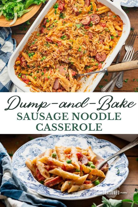 You don’t even have to boil the pasta, brown the sausage, or sauté the vegetables for this dump-and-bake sausage noodle casserole! With smoked sausage, diced tomatoes, French fried onions, cheese, peas, and pasta, it’s a one dish meal that makes weeknight dinners easy! Casserole With Smoked Sausage, Peas And Pasta, Simple Plates, Sausage Noodles, Smoked Sausage Casserole, Shrimp And Sausage Jambalaya, Cheese Peas, Weeknight Dinners Easy, Smoked Sausage Pasta