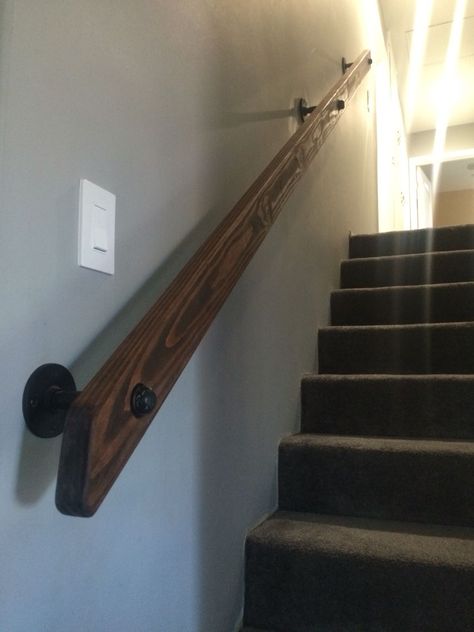 Pipe and wood hand rail made from scratch. Diy Stair Railing, Basement Stairs Ideas, Rustic Stairs, Modern Stair Railing, Stair Rail, Stair Remodel, Basement Stairs, Stair Case, Stair Handrail