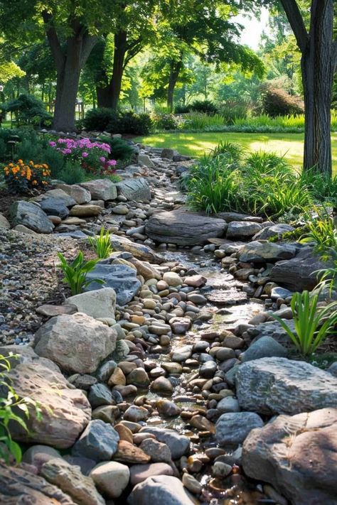 Create a rock garden with drought-resistant plants, succulents, and stones for a low-maintenance, modern look. Mountain Rocks Landscape, Water Feature With Rocks, Stream Landscaping, Dry Riverbed Landscaping, Large Rock Landscaping Ideas, Dry Stream, Stone Walls Garden, Drainage Ditch, Dry River