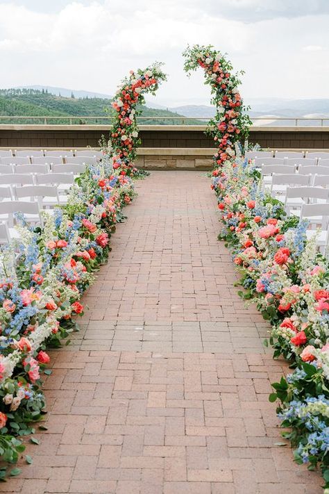 Pastel Flower Arch Wedding, Floral Ceremony Decor, Wedding Ceremony Wildflowers, Colorful Ceremony Arch, Bright Floral Wedding Arch, Colorful Aisle Flowers, Aisle Floral Decor, Colorful Flower Arch Wedding, Spring Wedding Flower Arch