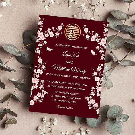 $2.80 | Dusty Pink Cherry Blossom Chinese Wedding #floral, cherry blossoms, chinese wedding, double happiness, gold, asian fusion wedding, contemporary chinese wedding, modern chinese wedding, maroon, chinese indian wedding Japanese Style Wedding, Asian Fusion Wedding, Cherry Blossoms Wedding, Wedding Maroon, Mauve Background, Modern Chinese Wedding, Cherry Blossom Wedding Invitations, Chinese Wedding Invitation, Double Happiness Symbol