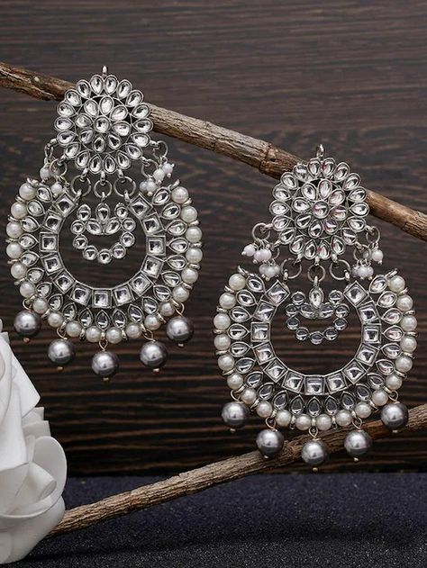 Buy Karatcart Metal Grey Pearl Oxidised Silver Kundan Chandbali Earrings For Women Online at Best Prices in India - JioMart. Sarojini Nagar Market, Sarojini Nagar, Kundan Chandbali, Desi Jewelry, Grey Saree, Chandbali Earrings, Indian Jewellery Design Earrings, Indian Jewellery Design, Fancy Earrings