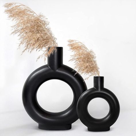 Black Pampas, Black Donut, Boho Vases, Circle Vase, Black Vases, Black Ceramic Vase, Pampas Grass Vase, Donut Vase, Boho Vase