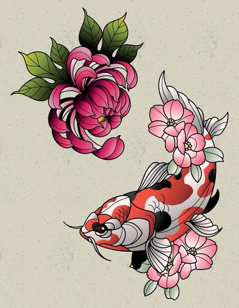 peony and koi fish tattoo elements Koi Fish Neotraditional, Japanese Tattoo Elements, Koi Fish Tattoo Colour, Cute Koi Fish Tattoo, Neo Traditional Koi Fish Tattoo, American Traditional Koi Fish Tattoo, Koi Fish Tattoo Traditional, Traditional Koi Fish Tattoo, Koi Fish Tattoo Design