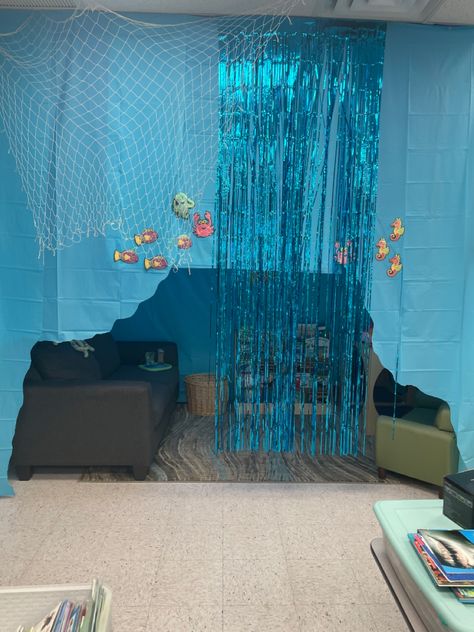 Ocean, jellyfish, whales, underwater, relaxing Ocean Reading Corner, Ocean Prek, Ocean Reading, Reading Nook Classroom, Ocean Sensory, Reading Corner Classroom, Book Area, Scuba Vbs, Calming Room